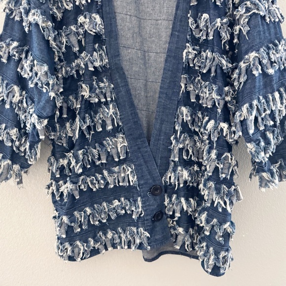 Vintage 80s Paula Sweet Muslin Mink Fringe Denim Jacket Large Blue USA Lagenlook - Picture 7 of 12